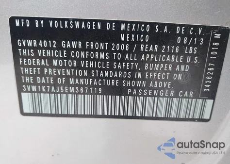 2014 Volkswagen Jetta 2.0L S z USA, uszkodzony, nr VIN 3VW1K7AJ5EM367119